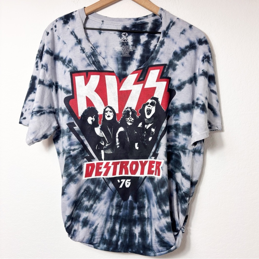 LIQUID BLUE KISS DESTROYER '76 TIE-DYE BLUE CUT UP T-SHIRT SIZE LARGE